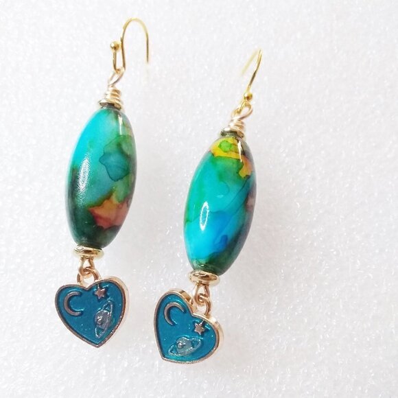 🍂🍁🍃 3/$25!!! Thick + Curvy ~ Teal Green Heart Moon Star Dangle Earrings - Picture 4 of 7